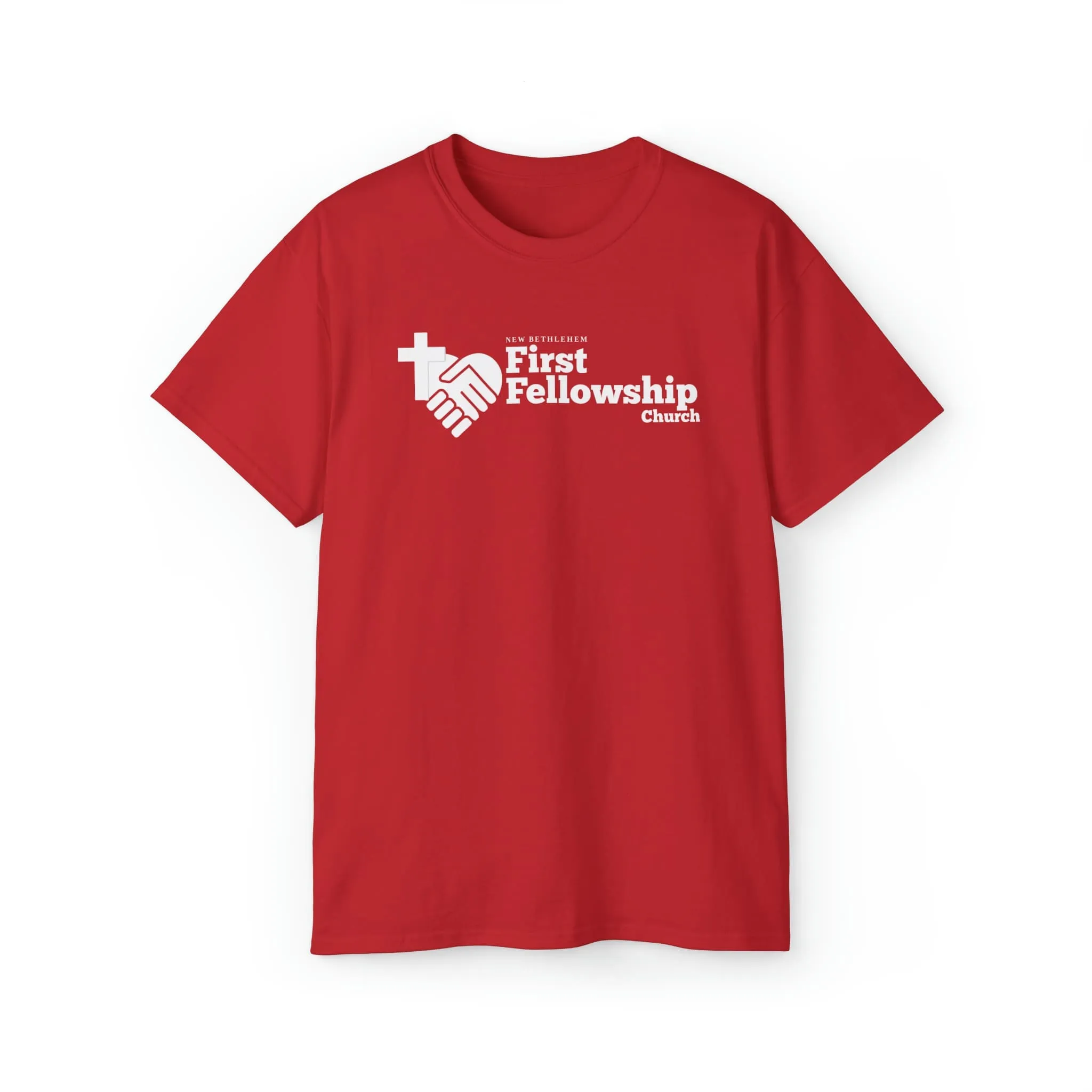 A red t-shirt with the First Fellowship Church logo